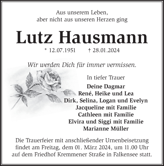 Traueranzeige von Lutz Hausmann von Märkische Oderzeitung