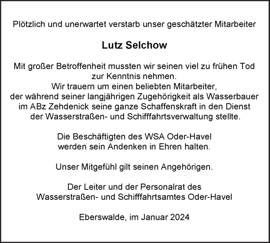 Traueranzeige von Lutz Selchow von Märkische Oderzeitung