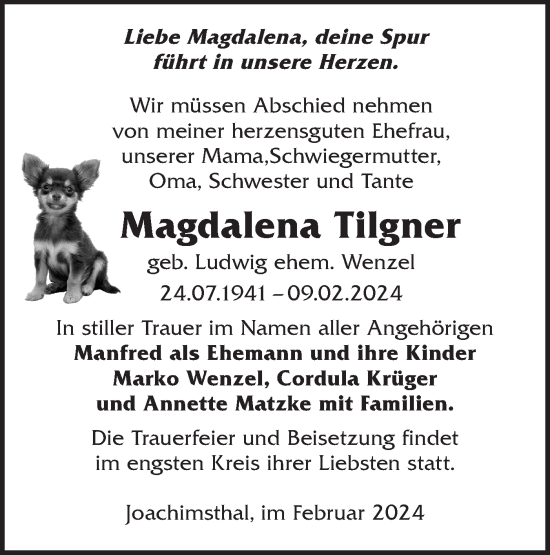 Traueranzeige von Magdalena Tilgner von Märkische Oderzeitung