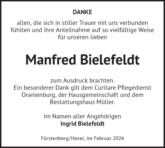 Traueranzeige von Manfred Bielefeldt von Märkische Oderzeitung