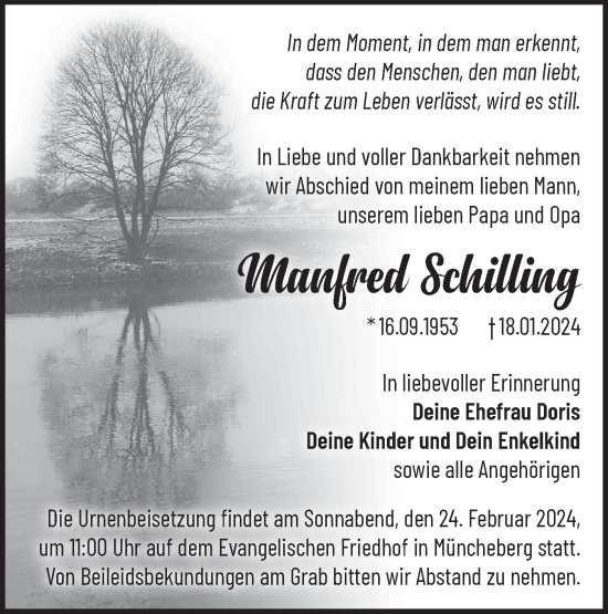 Traueranzeige von Manfred Schilling von Märkische Oderzeitung