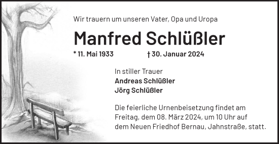 Traueranzeige von Manfred Schlüßler von Märkische Oderzeitung