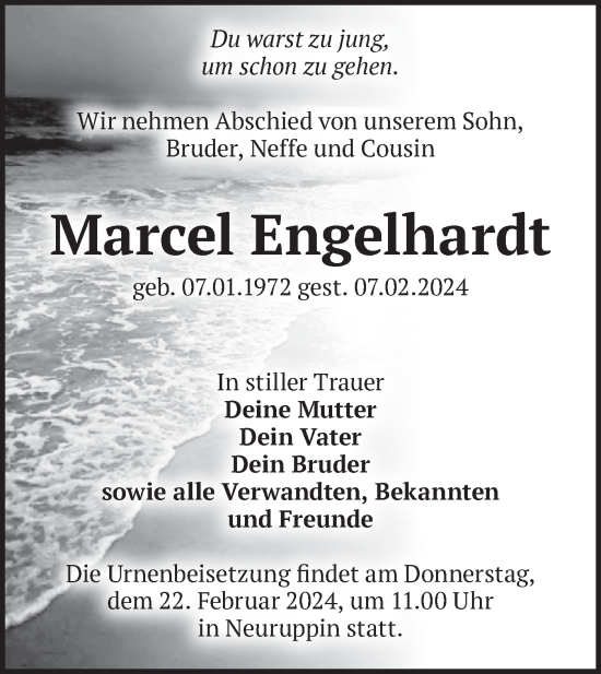 Traueranzeige von Marcel Engelhardt von Märkische Oderzeitung