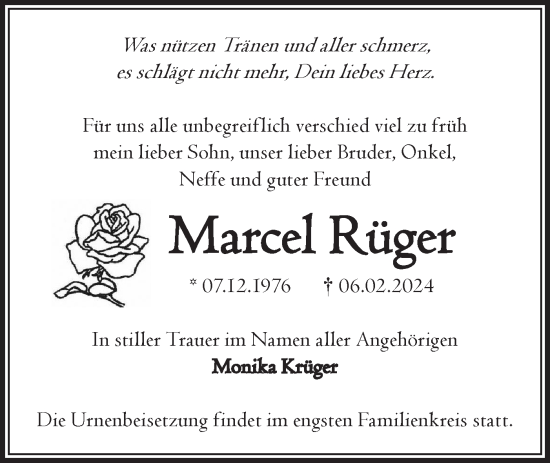 Traueranzeige von Marcel Rüger von Märkische Oderzeitung