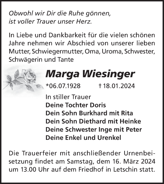 Traueranzeige von Marga Wiesinger von Märkische Oderzeitung