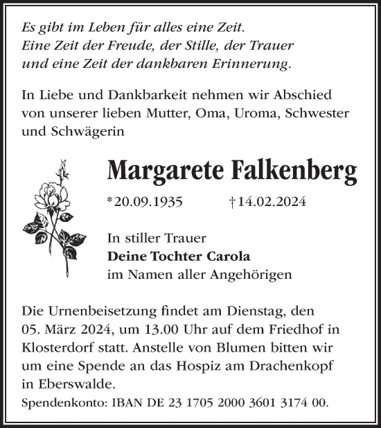 Traueranzeige von Margarete Falkenberg von Märkische Oderzeitung