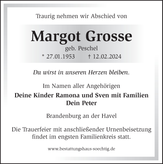 Traueranzeige von Margot Grosse von Märkische Oderzeitung