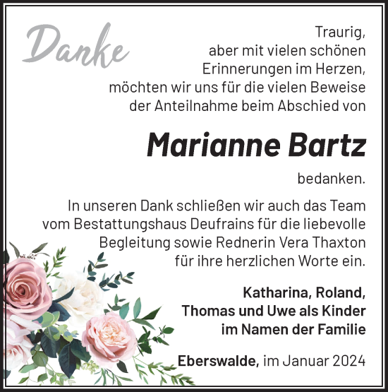 Traueranzeige von Marianne Bartz von Märkische Oderzeitung