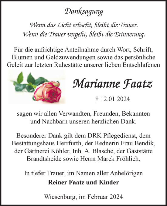 Traueranzeige von Marianne Faatz von Märkische Oderzeitung