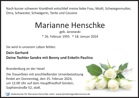 Traueranzeige von Marianne Henschke von Märkische Oderzeitung