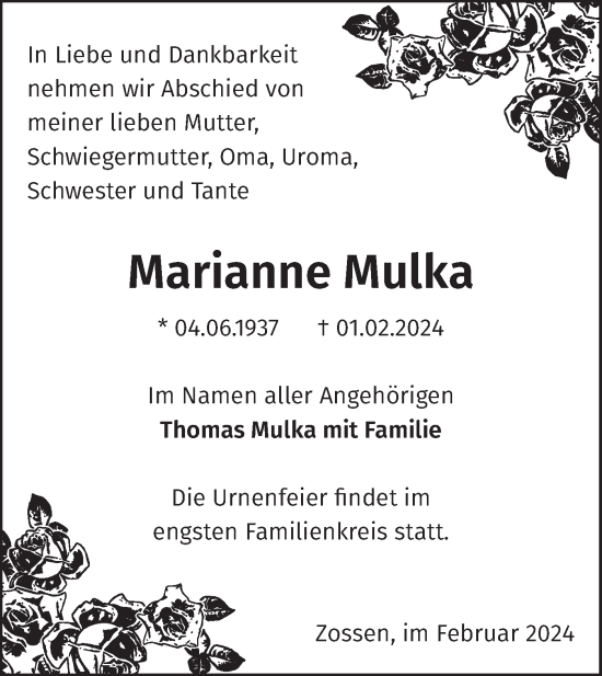 Traueranzeige von Marianne Mulka von Märkische Oderzeitung