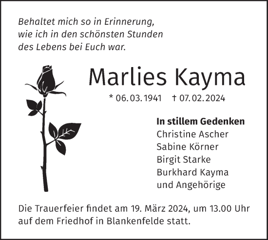 Traueranzeige von Marlies Kayma von Märkische Oderzeitung