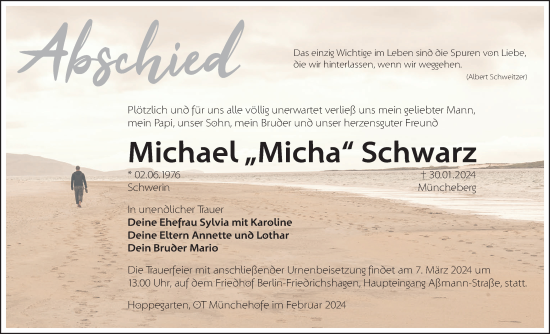 Traueranzeige von Michael Schwarz von Märkische Oderzeitung