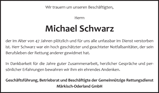 Traueranzeige von Michael Schwarz von Märkische Oderzeitung