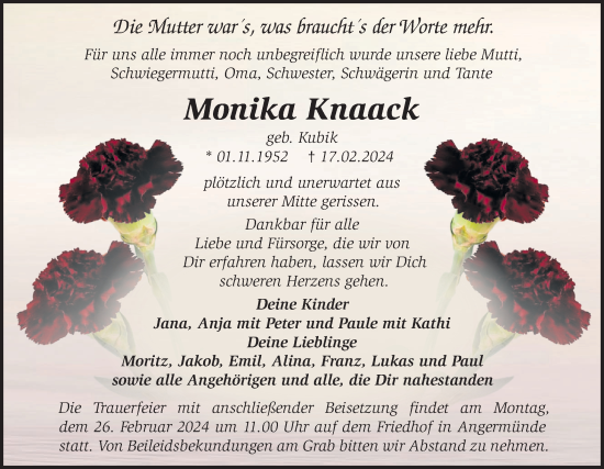 Traueranzeige von Monika Knaack von Märkische Oderzeitung