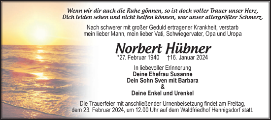 Traueranzeige von Norbert Hübner von Märkische Oderzeitung