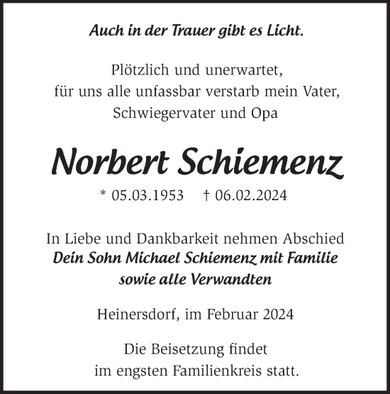 Traueranzeige von Norbert Schiemenz von Märkische Oderzeitung
