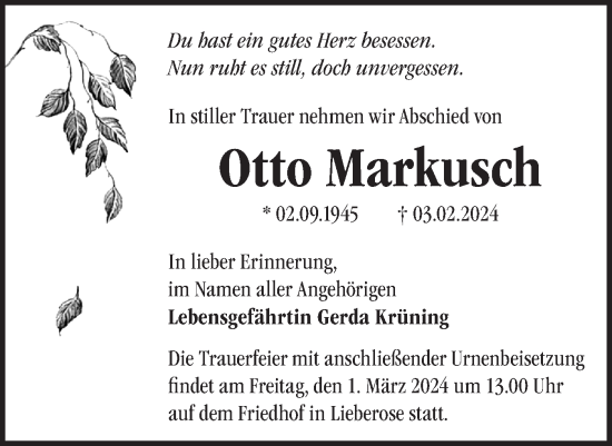 Traueranzeige von Otto Markusch von Märkische Oderzeitung
