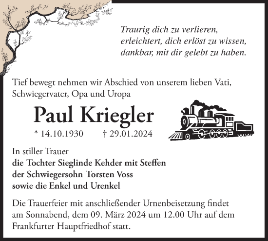 Traueranzeige von Paul Kriegler von Märkische Oderzeitung