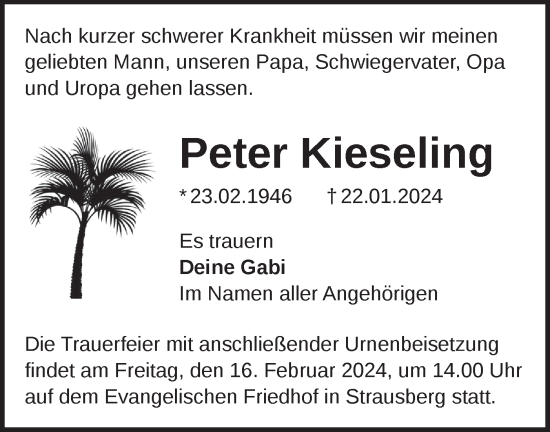 Traueranzeige von Peter Kieseling von Märkische Oderzeitung