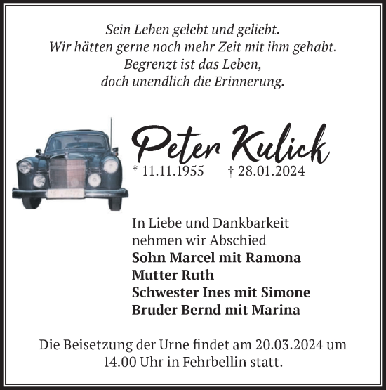 Traueranzeige von Peter Kulick von Märkische Oderzeitung