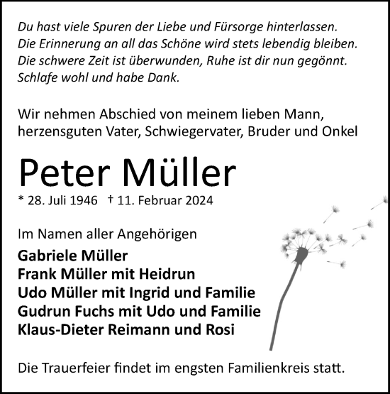 Traueranzeige von Peter Müller von Märkische Oderzeitung
