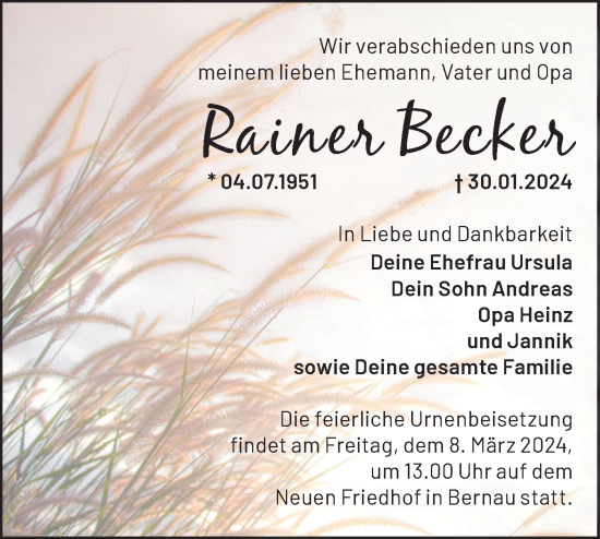 Traueranzeige von Rainer Becker von Märkische Oderzeitung