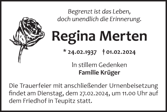 Traueranzeige von Regina Merten von Märkische Oderzeitung