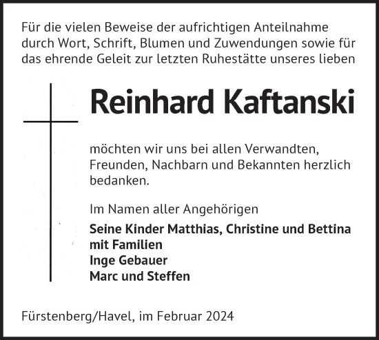 Traueranzeige von Reinhard Kaftanski von Märkische Oderzeitung