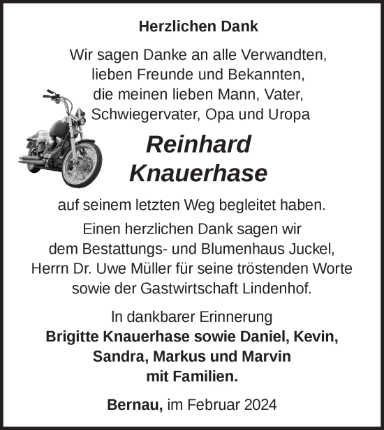 Traueranzeige von Reinhard Knauerhase von Märkische Oderzeitung