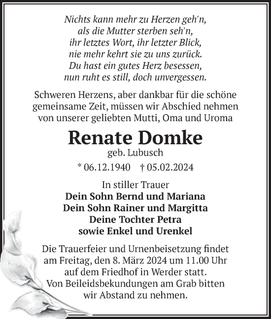 Traueranzeige von Renate Domke von Märkische Oderzeitung