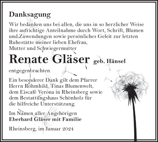 Traueranzeige von Renate Gläser von Märkische Oderzeitung