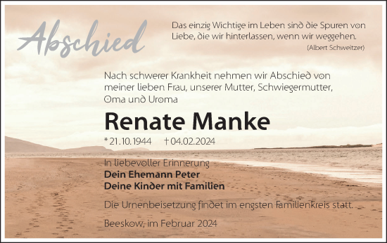 Traueranzeige von Renate Manke von Märkische Oderzeitung