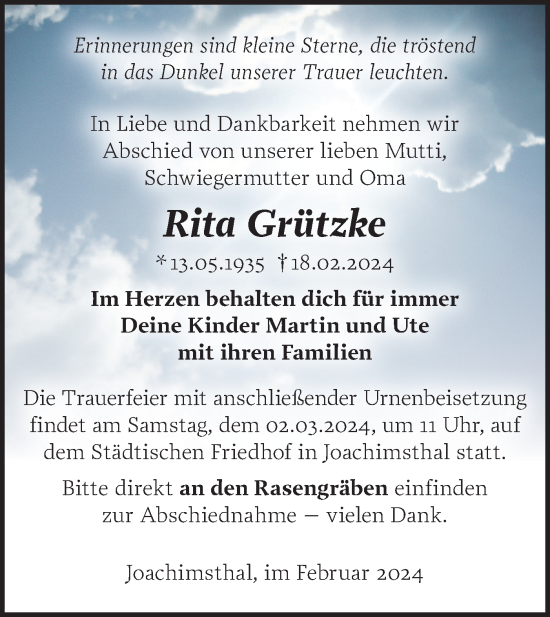 Traueranzeige von Rita Grützke von Märkische Oderzeitung