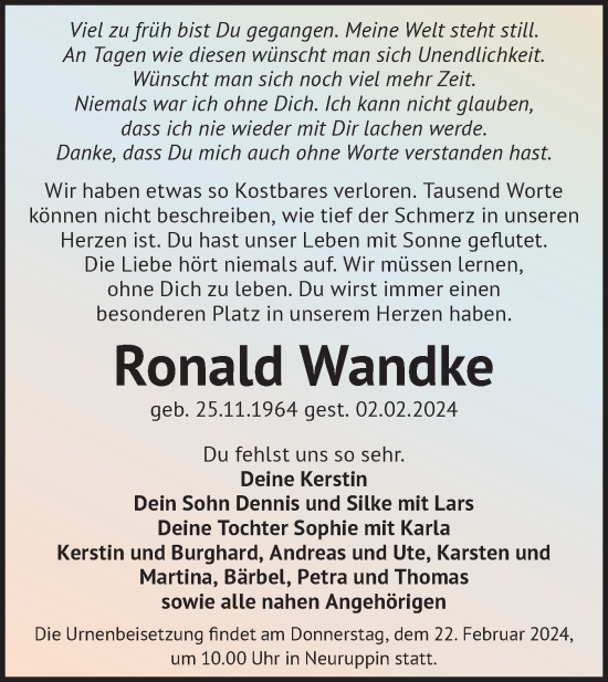 Traueranzeige von Ronald Wandke von Märkische Oderzeitung