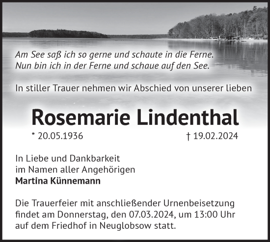 Traueranzeige von Rosemarie Lindenthal von Märkische Oderzeitung