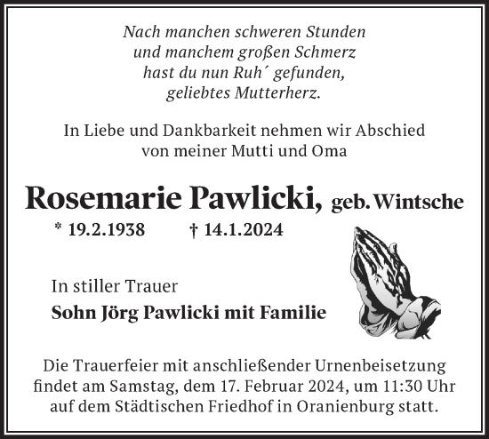 Traueranzeige von Rosemarie Pawlicki von Märkische Oderzeitung