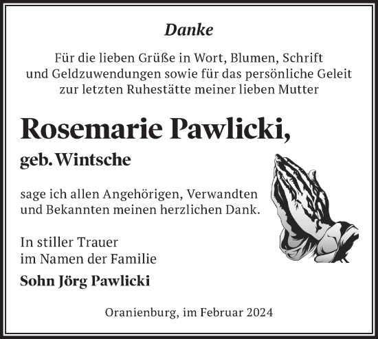 Traueranzeige von Rosemarie Pawlicki von Märkische Oderzeitung