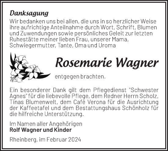 Traueranzeige von Rosemarie Wagner von Märkische Oderzeitung