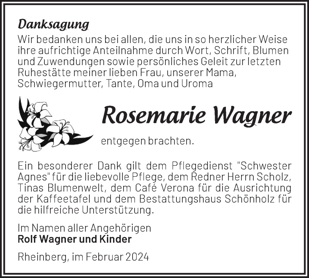  Traueranzeige für Rosemarie Wagner vom 10.02.2024 aus Märkische Oderzeitung
