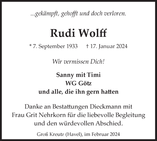 Traueranzeige von Rudi Wolff von Märkische Oderzeitung