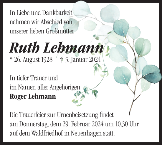 Traueranzeige von Ruth Lehmann von Märkische Oderzeitung