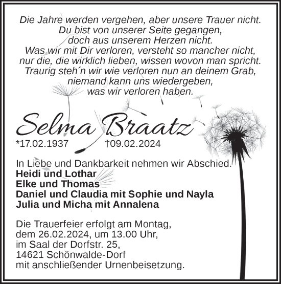 Traueranzeige von Selma Braatz von Märkische Oderzeitung