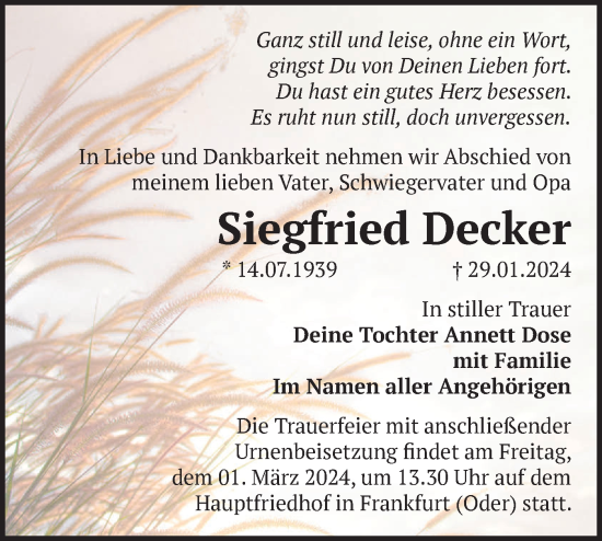 Traueranzeige von Siegfried Decker von Märkische Oderzeitung