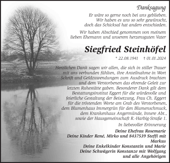 Traueranzeige von Siegfried Steinhöfel von Märkische Oderzeitung