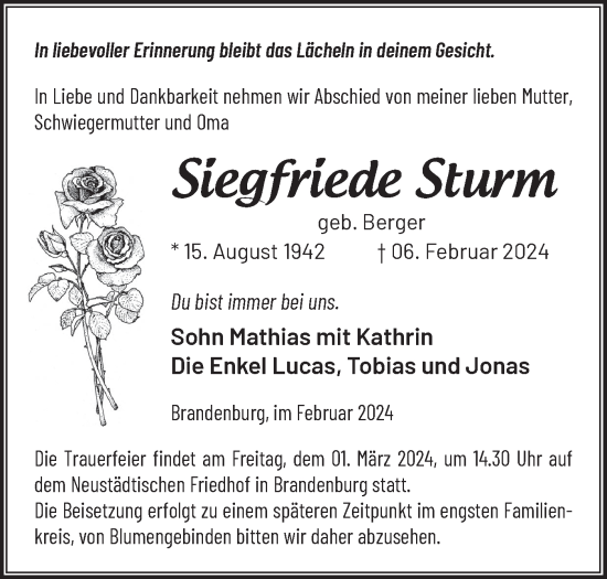 Traueranzeige von Siegfriede Sturm von Märkische Oderzeitung