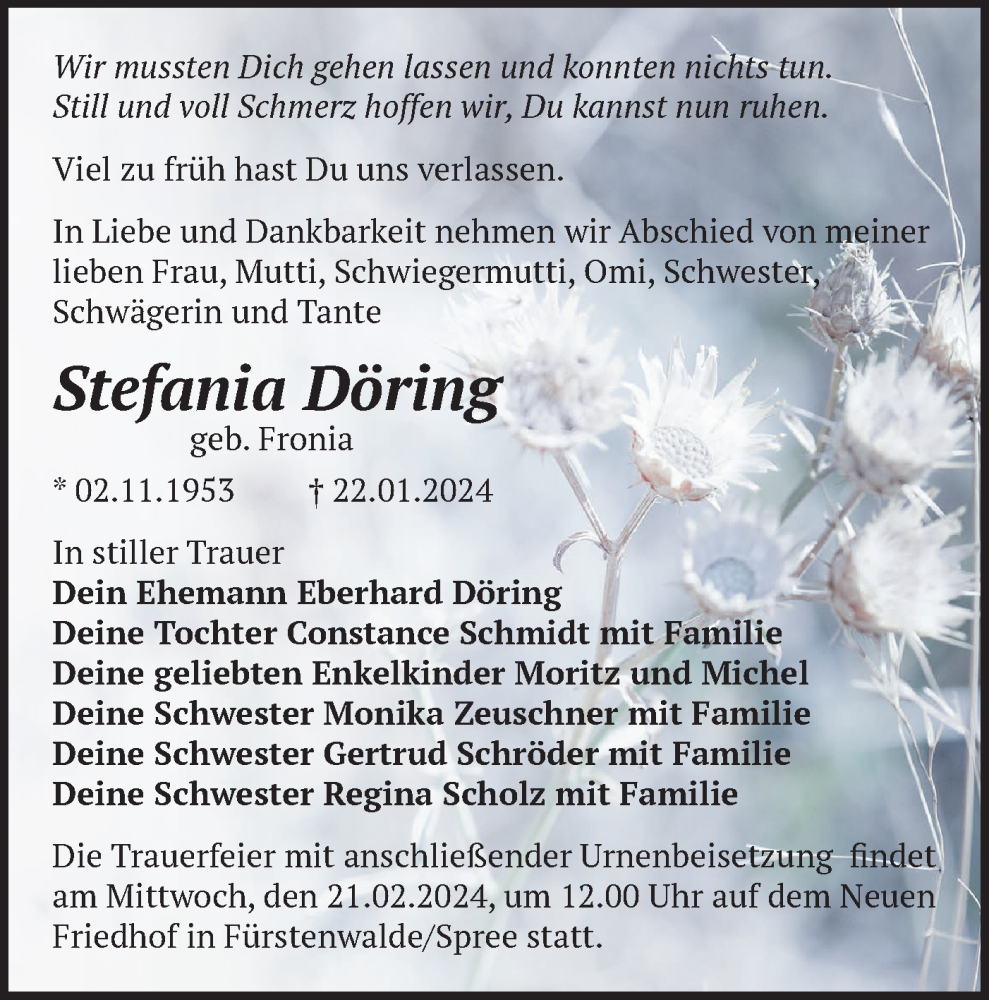  Traueranzeige für Stefania Döring vom 03.02.2024 aus Märkische Oderzeitung
