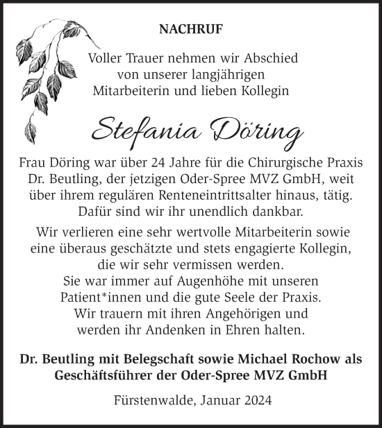 Traueranzeige von Stefania Döring von Märkische Oderzeitung