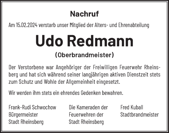 Traueranzeige von Udo Redmann von Märkische Oderzeitung