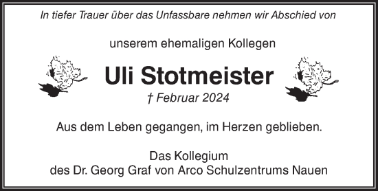 Traueranzeige von Uli Stotmeister von Märkische Oderzeitung